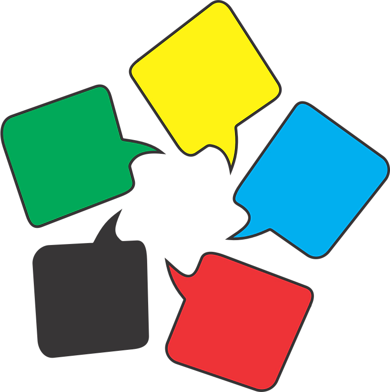Five speech bubbles arranged on a circle and with different colors.